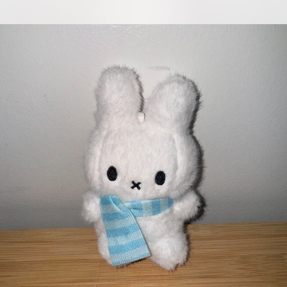 Cute White Plush Bunny with Blue Scarf Keychain